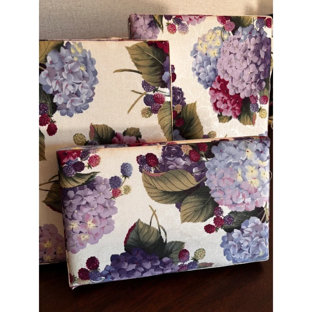 Floral Hydrangea Fabric Nesting Storage Boxes with Lids Set of 3 Purple Cream